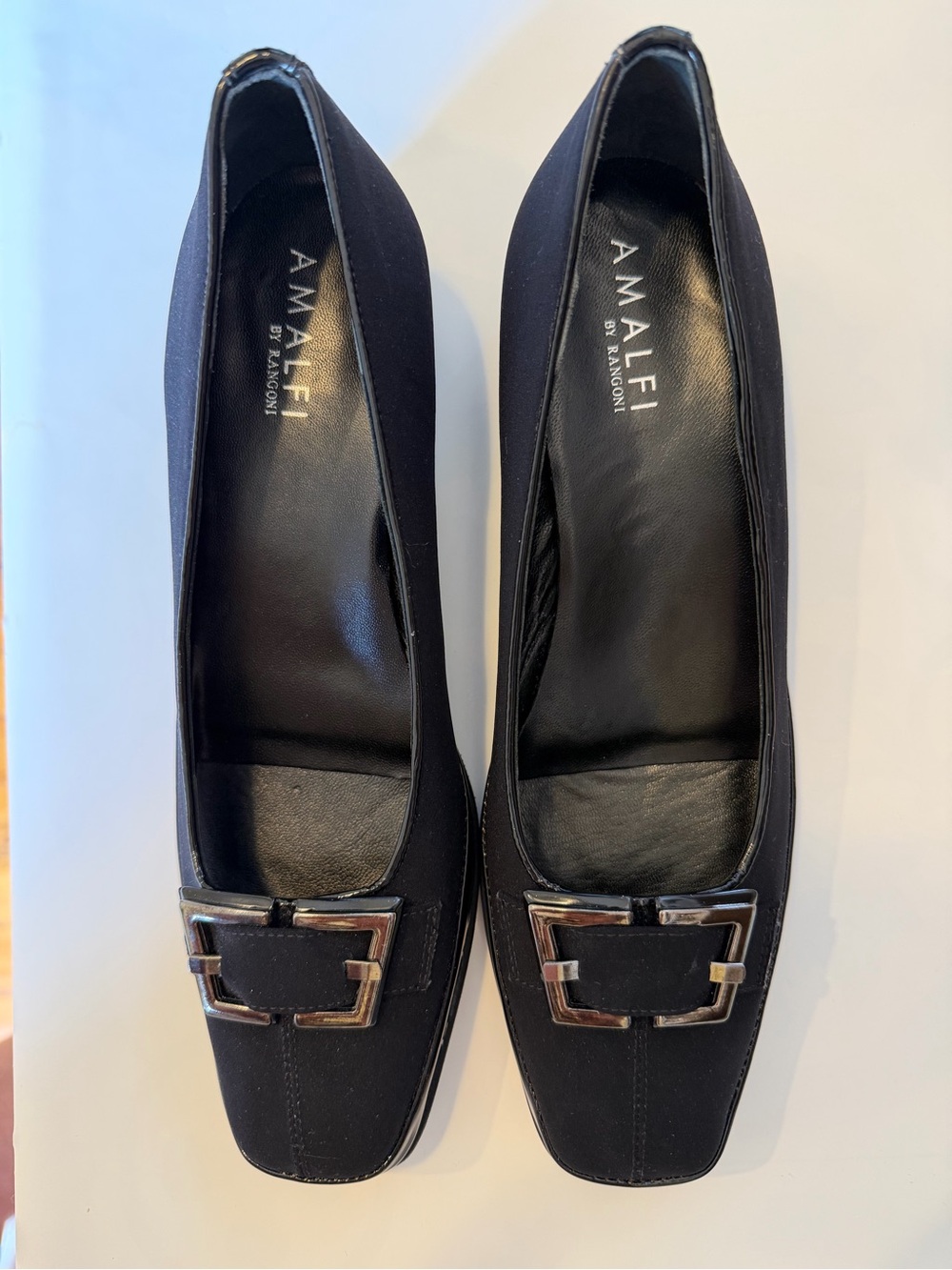 Amalfi by Rangoni Suede Deadstock Black Square-Toe with Retro Buckle and heel